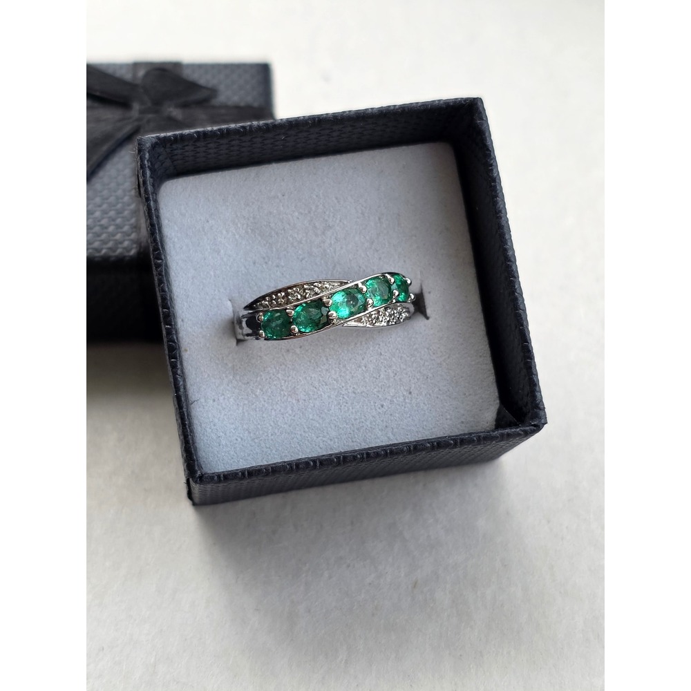 925 Sterling Silver Emerald and Diamond Bypass Ring Size 7 Gift Boxed